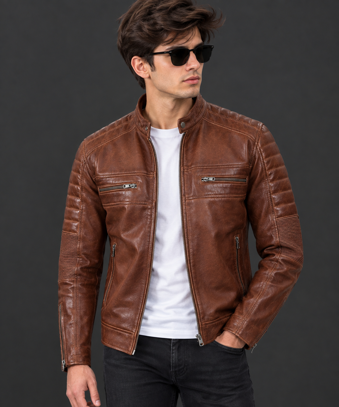 Men’s Brown Quilted Café Racer Leather Jacket.