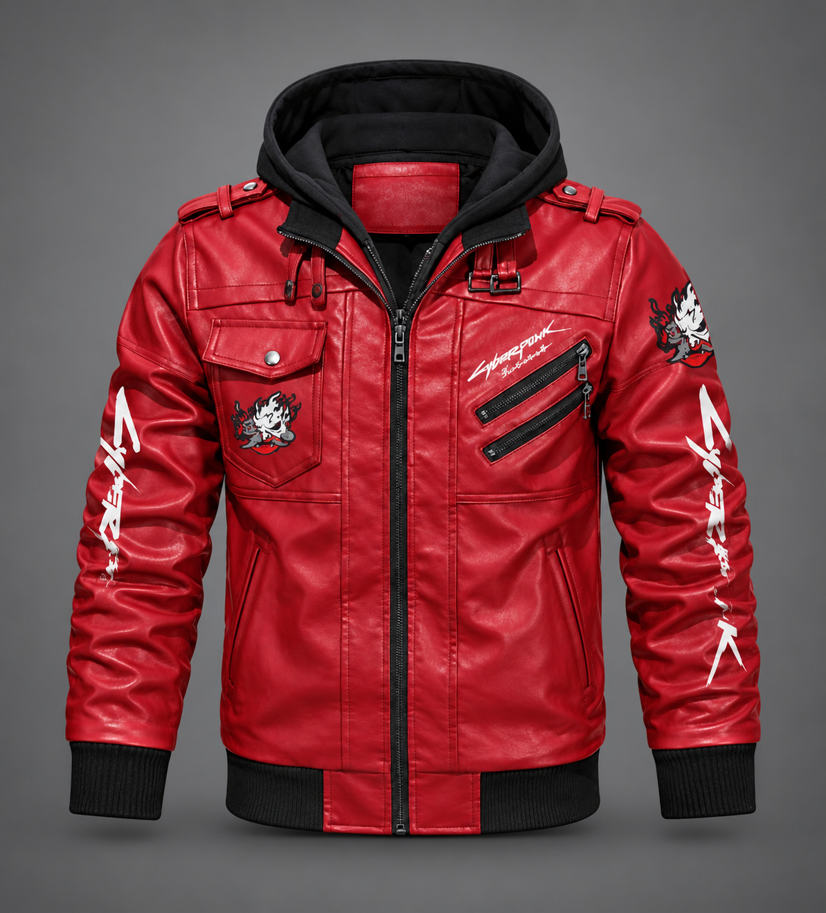 Samurai Red Hooded Leather Cyberpunk Jacket 2077