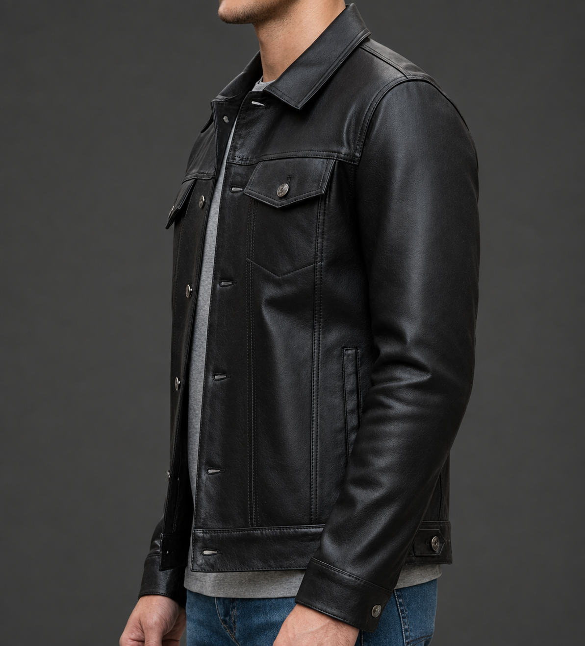Men’s Black Distressed Leather Trucker Jacket