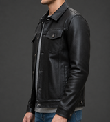 Men’s Black Distressed Leather Trucker Jacket