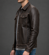 Men’s Dark Brown Distressed Leather Trucker Jacket