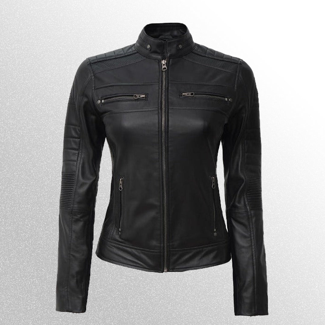 Women's black geniune cafe racer leather jacket zipper closure 