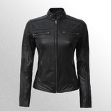 Women's black geniune cafe racer leather jacket zipper closure 