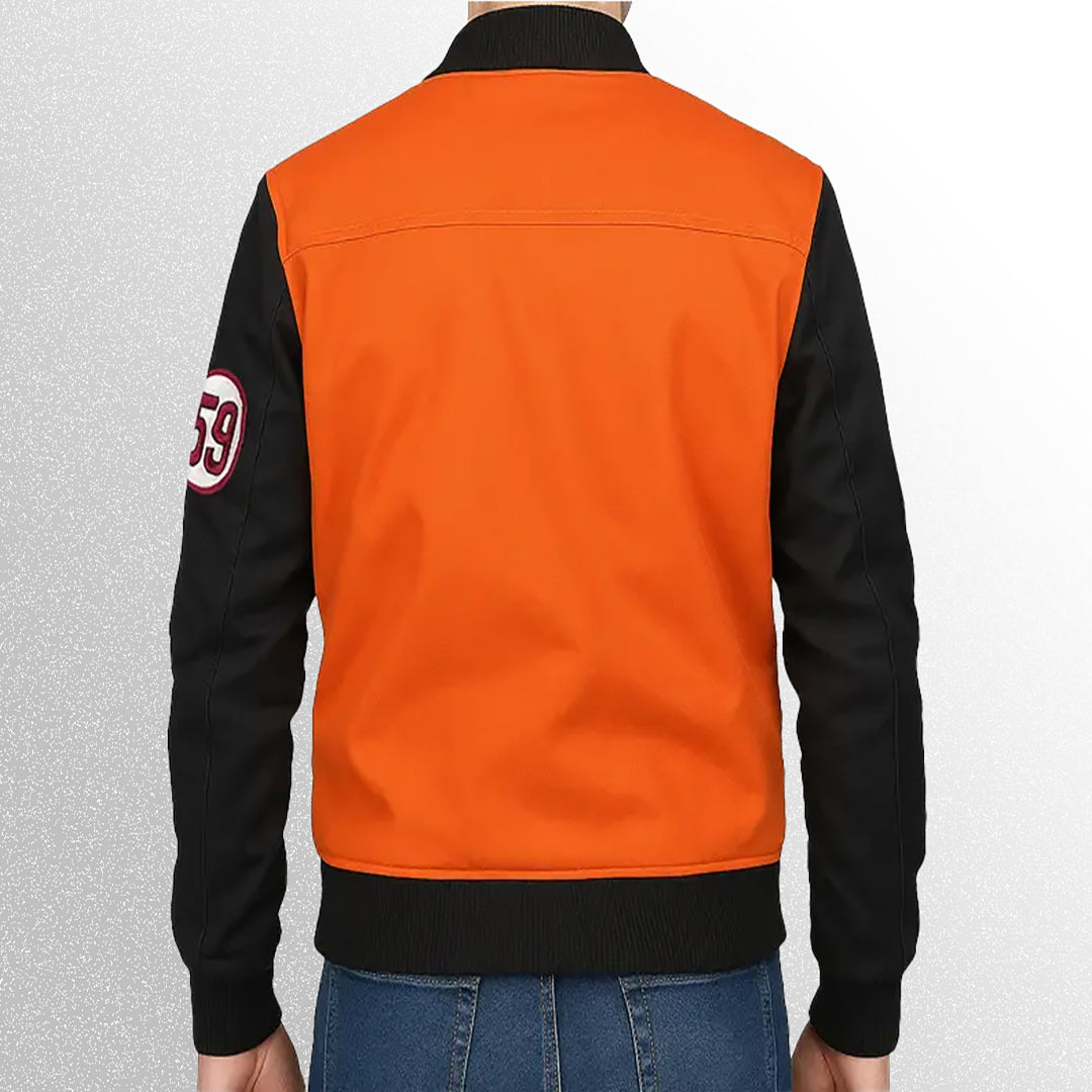 Goku orange and black leather jacket back view