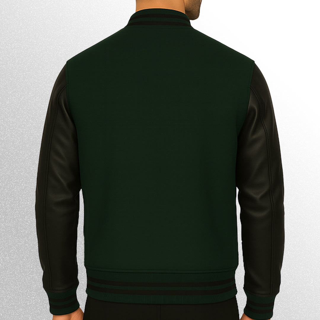 Green and black varsity jacket back image