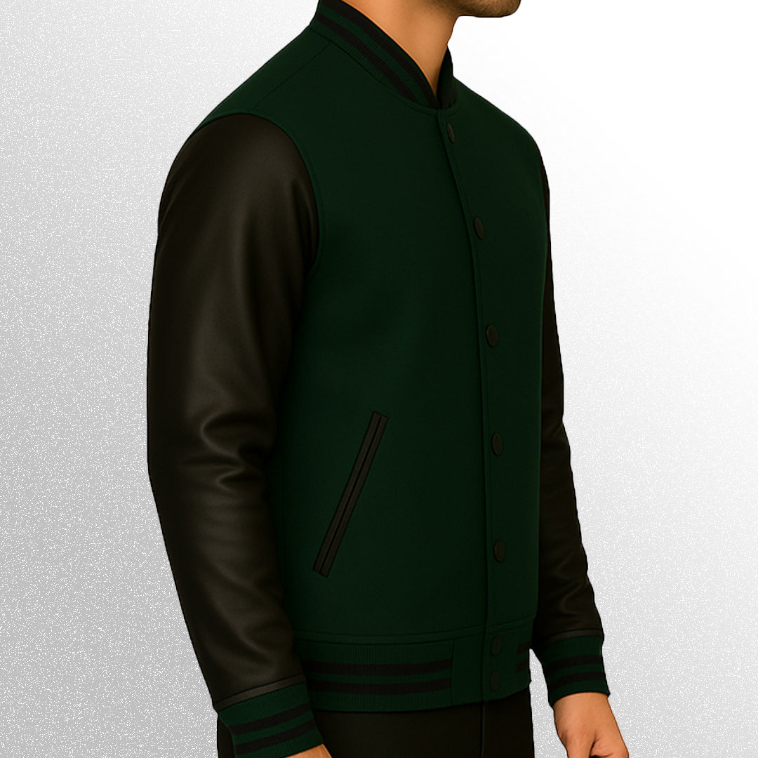 Green varsity jacket with black sleeves side pose
