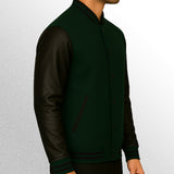 Green varsity jacket with black sleeves side pose