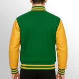 Green and yellow varsity jacket back view