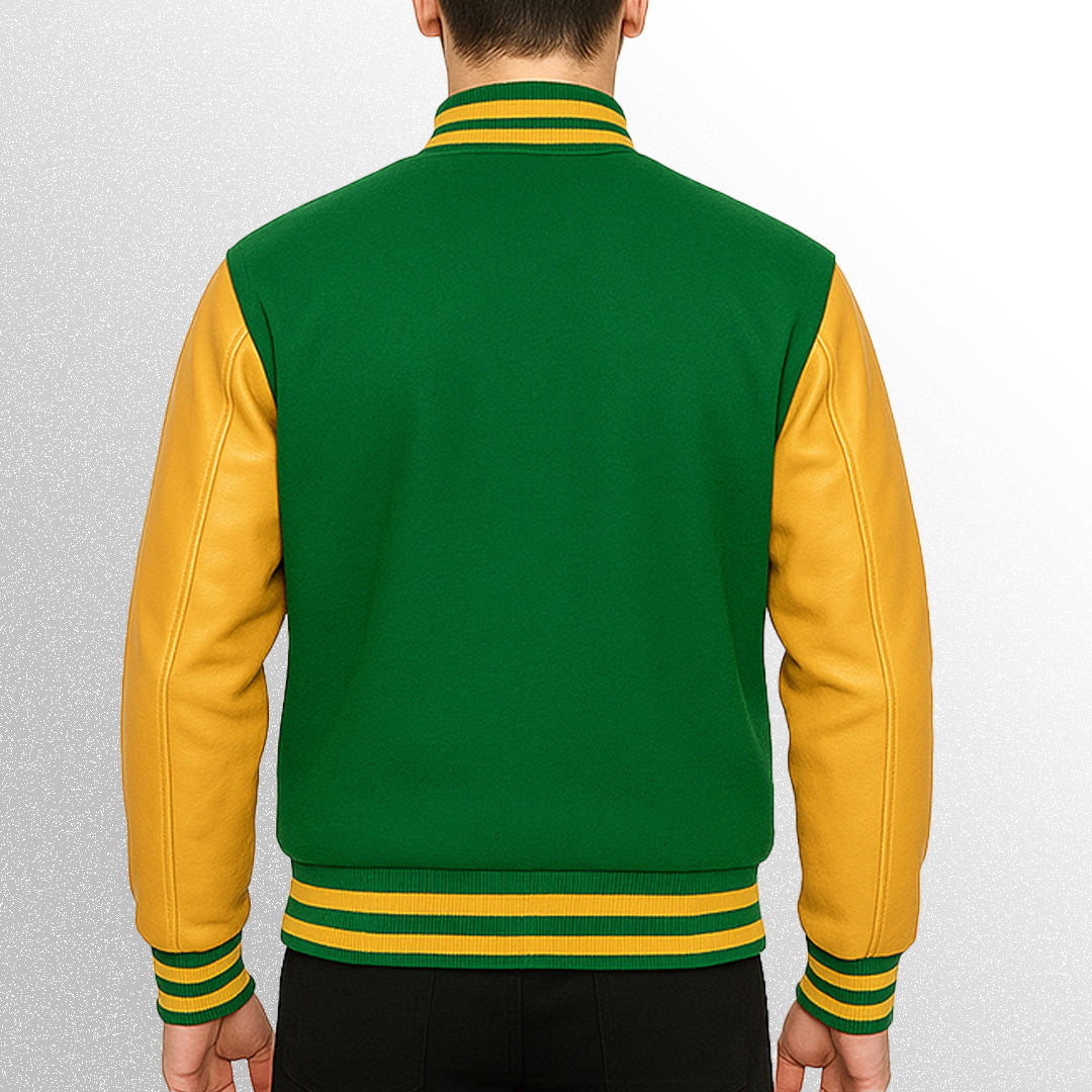 Green and yellow varsity jacket back view