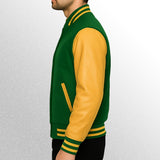 Green and yellow varsity jacket with leather sleeves side pose