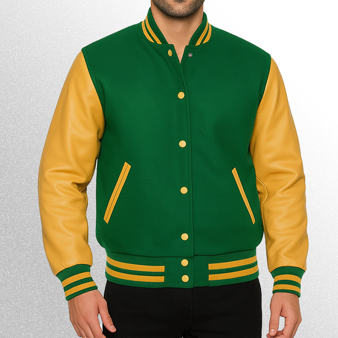 Green and yellow varsity jacket