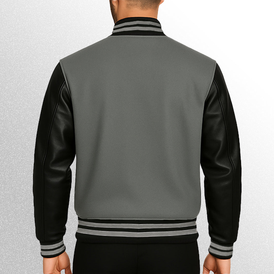 Gray varsity jacket with black leather sleeves back image