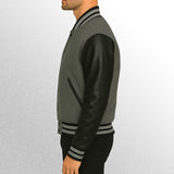 Gray and black varsity jacket side pose 