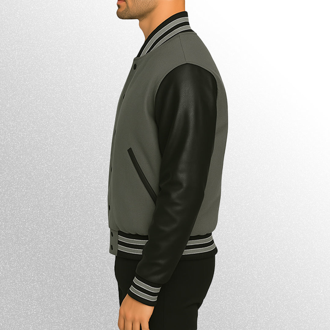 Gray and black varsity jacket side pose 