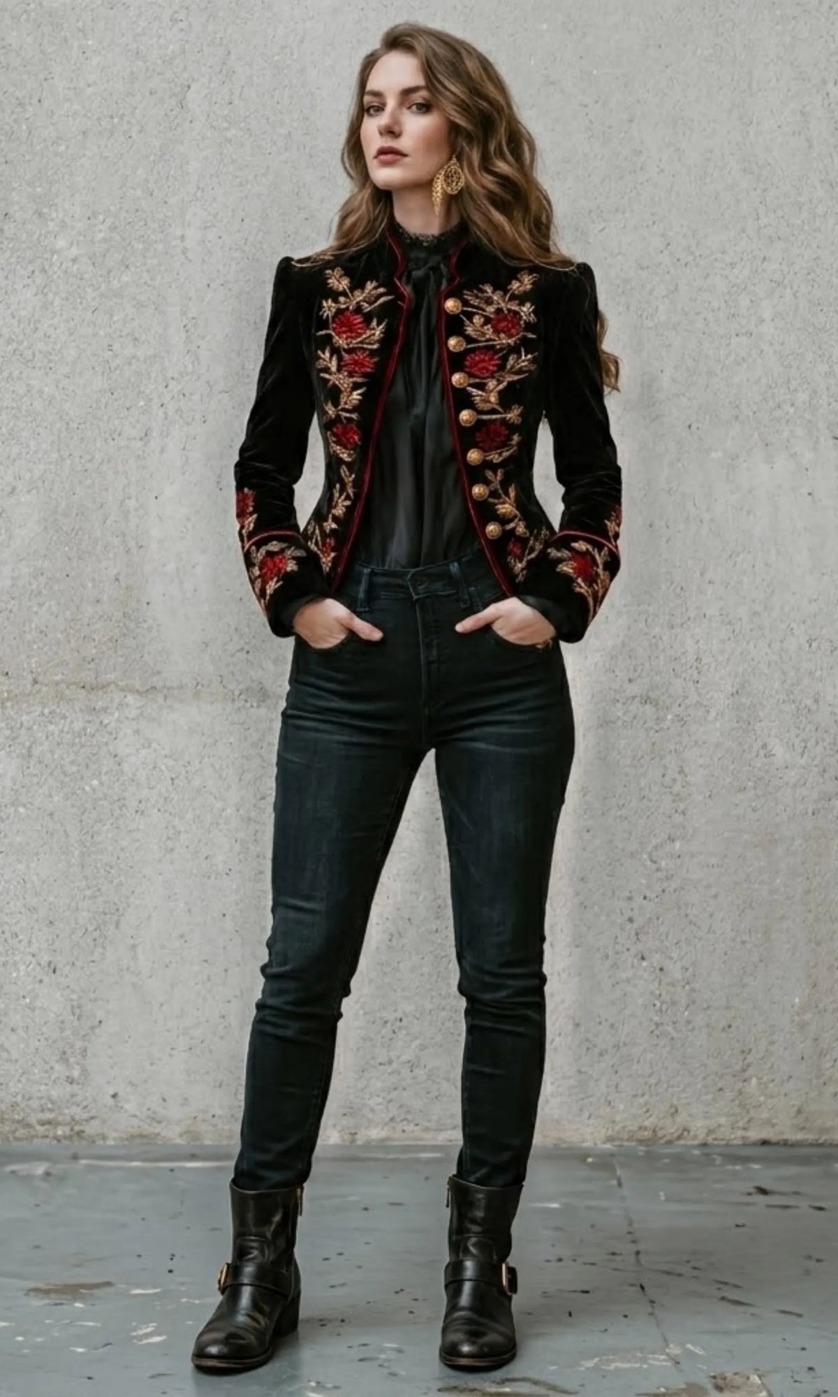 Black Velvet Red Floral Zardozi Embroidery Blazer