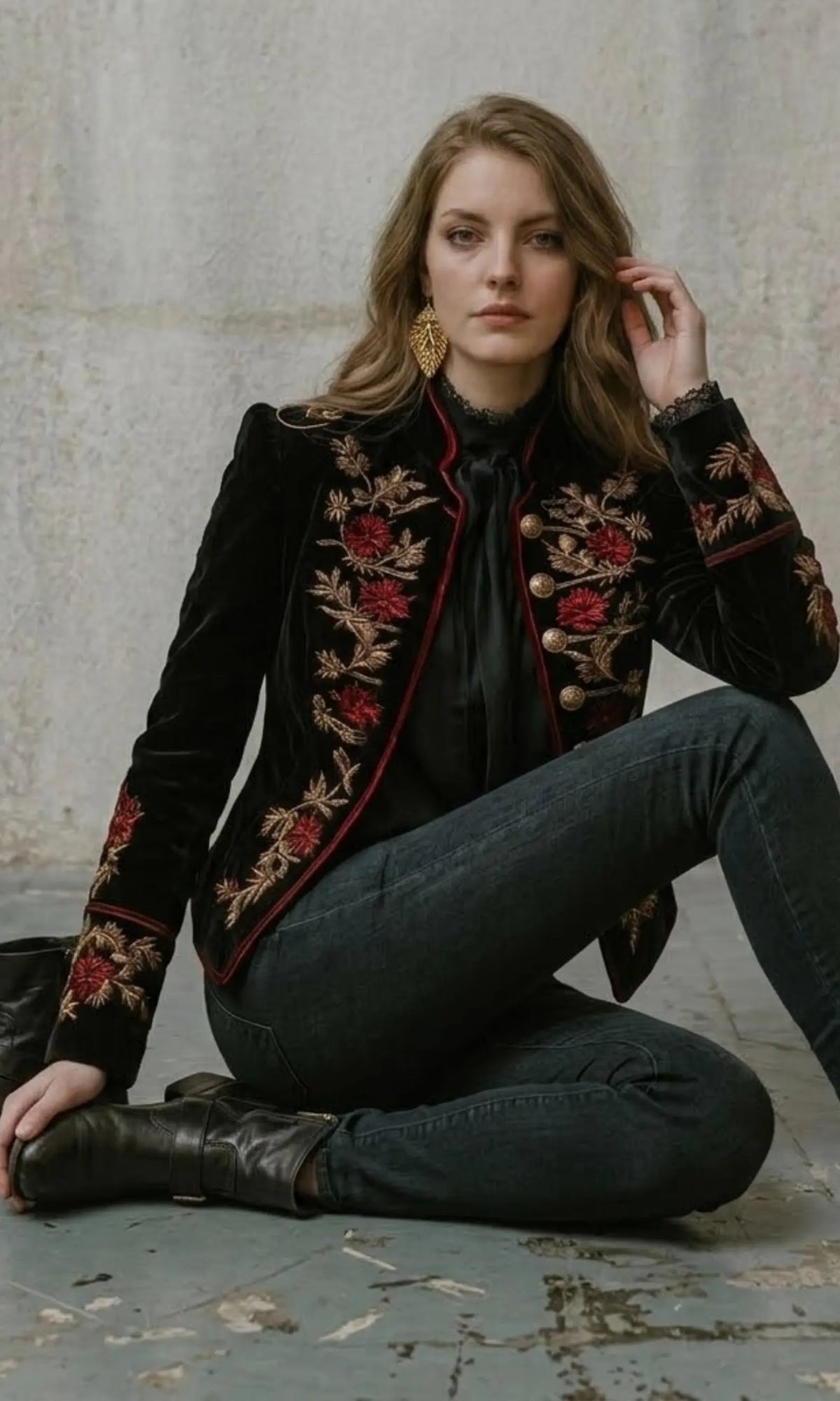 Black Velvet Red Floral Zardozi Embroidery Blazer