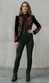 Black Velvet Red Floral Zardozi Embroidery Blazer
