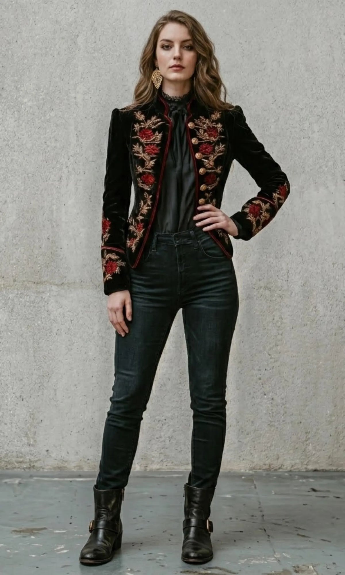 Black Velvet Red Floral Zardozi Embroidery Blazer