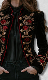 Black Velvet Red Floral Zardozi Embroidery Blazer