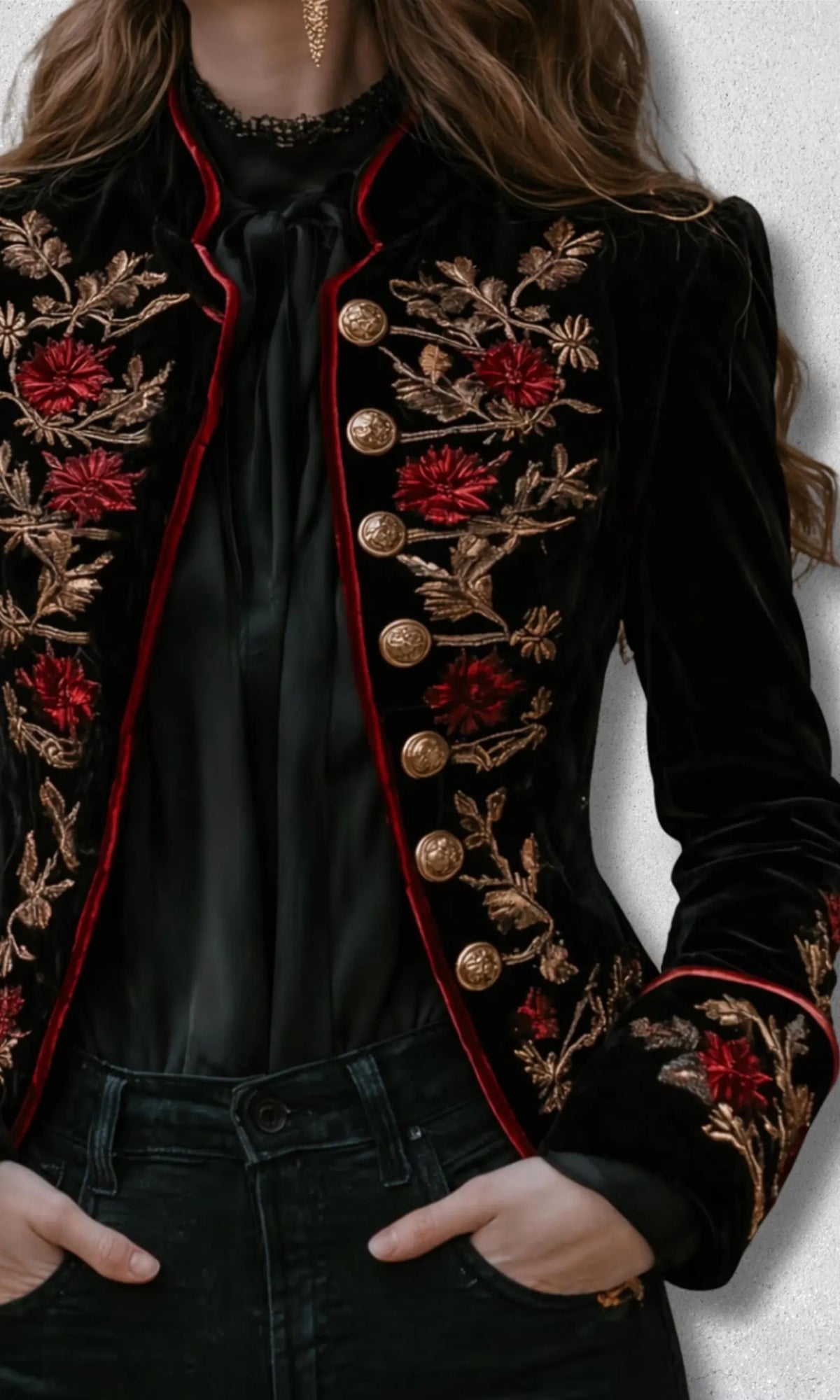Black Velvet Red Floral Zardozi Embroidery Blazer