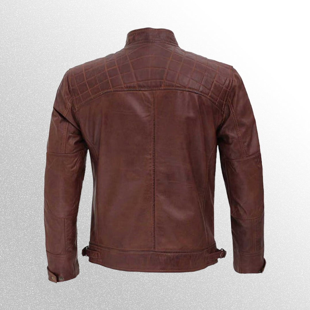 Men's quilted brown leather biker jacket back view