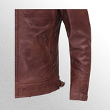 Men's quilted brown leather motorcycle jacket front zipp