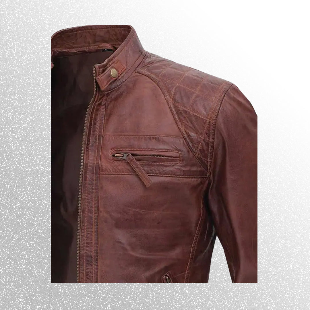 Men's quilted brown leather biker jacket front zoom view