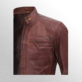 Men's quilted brown leather biker jacket front zoom view