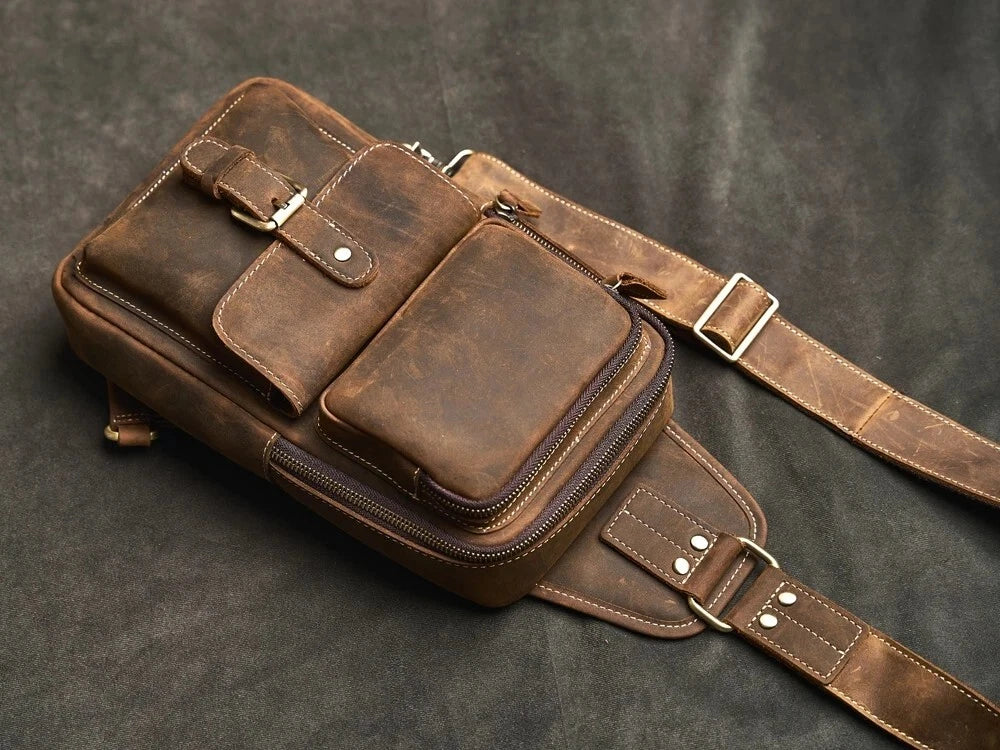 Vintage Brown Leather Crossbody Shoulder Sling Bag