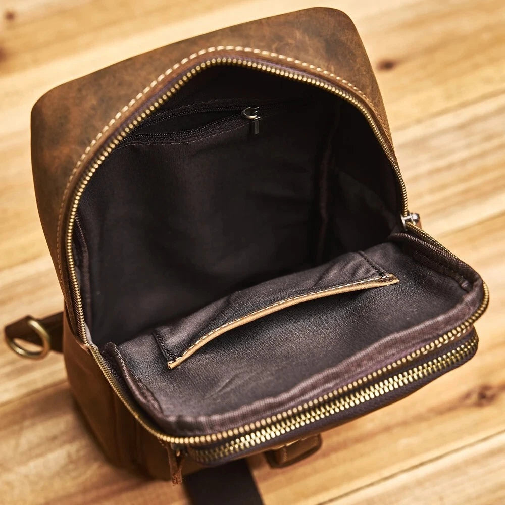 Vintage Brown Leather Crossbody Shoulder Sling Bag