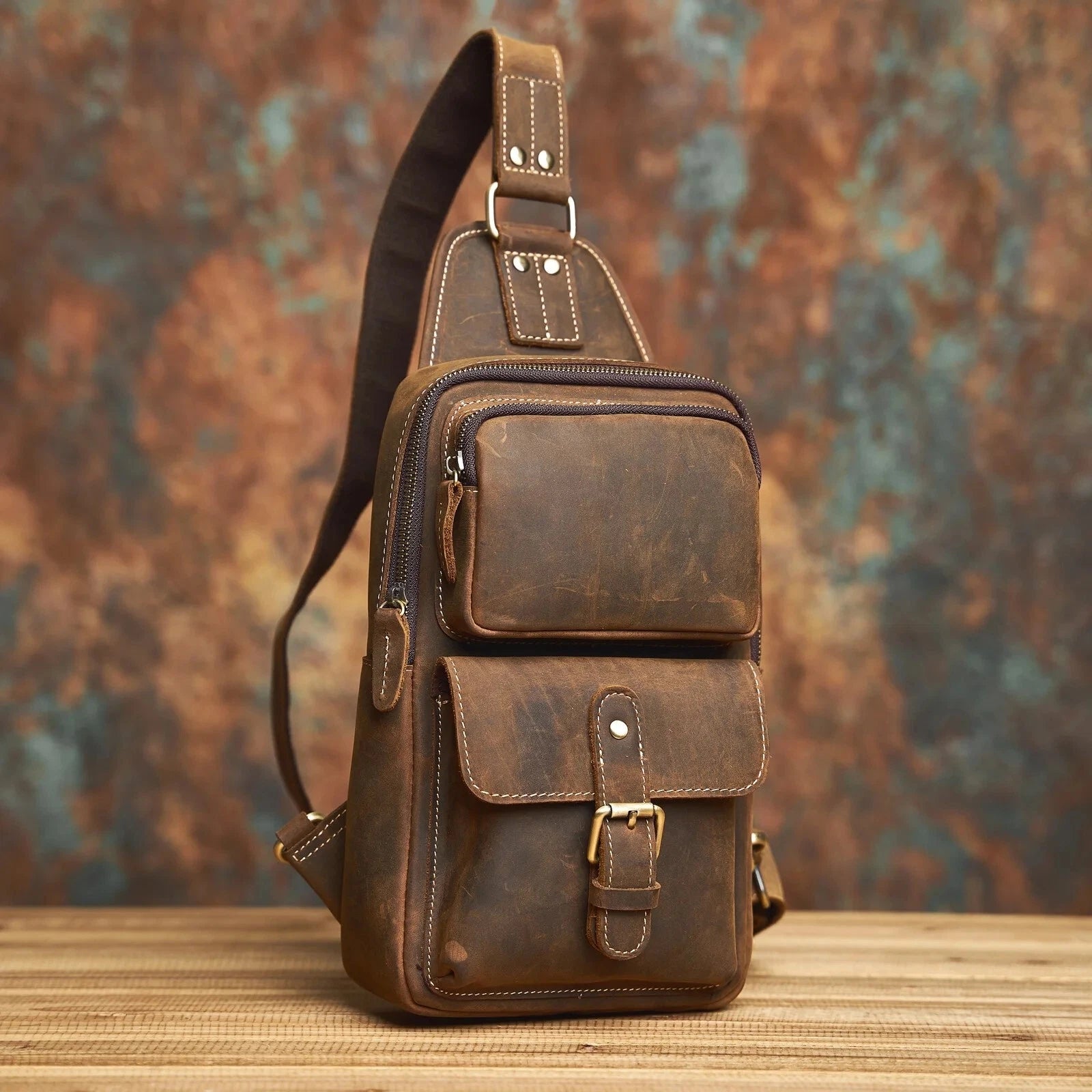 Vintage Brown Leather Crossbody Shoulder Sling Bag