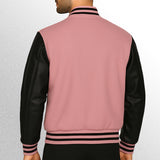 Pink and black varsity jacket with leather sleeves