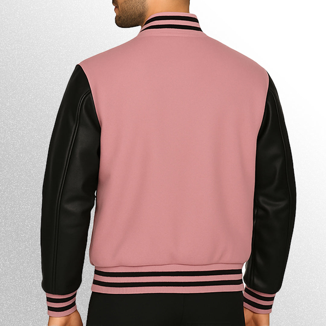 Pink and black varsity jacket with leather sleeves
