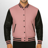 Pink and black varsity jacket with leather sleevess
