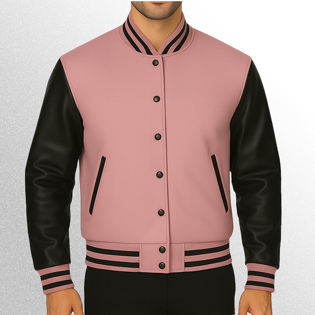 Pink and black varsity jacket with leather sleevess