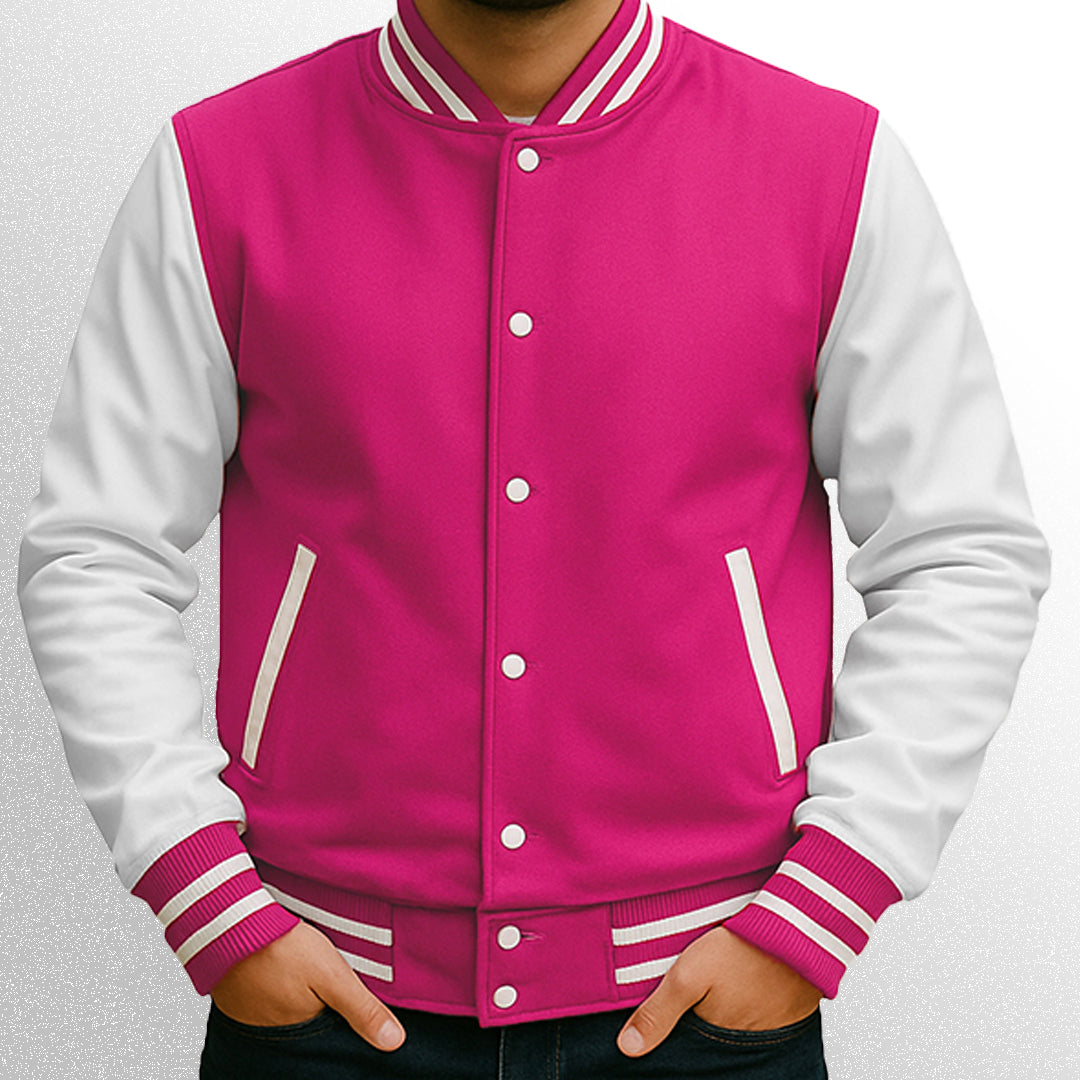 Pink varsity jacket with white sleeves