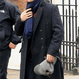 Men's private detective grey wool coat side pose