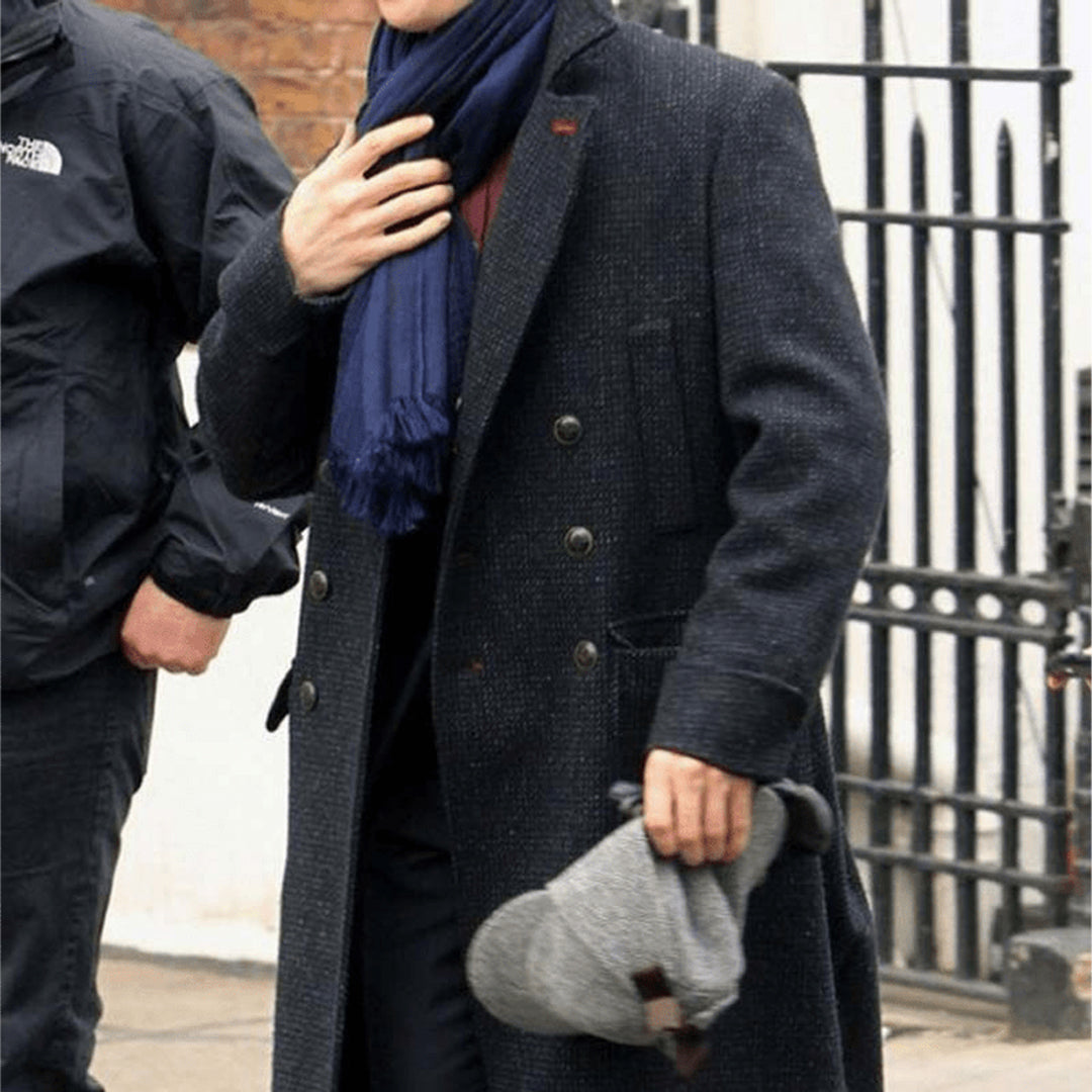 Men's private detective grey wool coat side pose