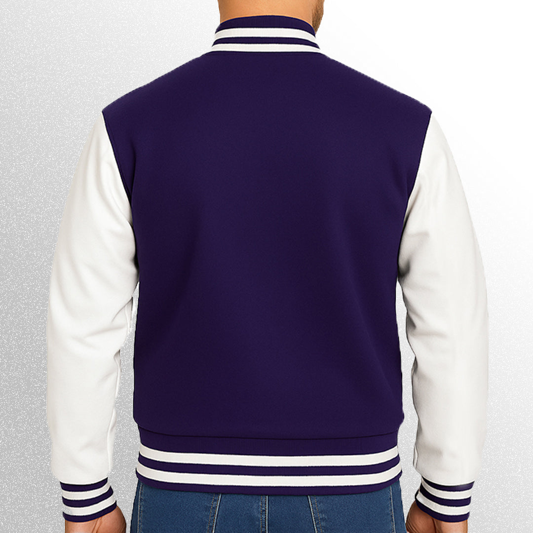 Purple varsity jacket with white sleeves back view