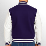 Purple varsity jacket with white sleeves back view