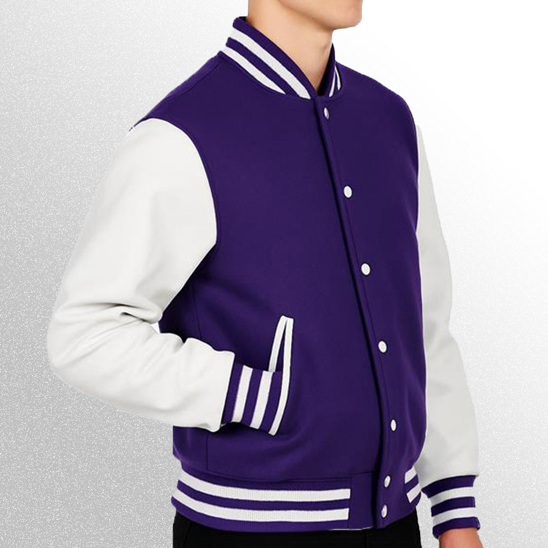 Purple varsity jacket with white sleeves side pose and pockets