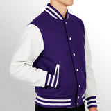 Purple varsity jacket with white sleeves side pose and pockets