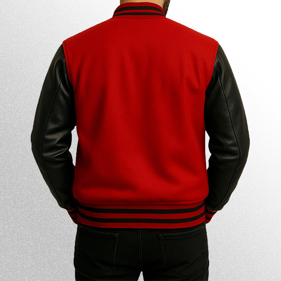 Red varsity jacket with black sleeves back view