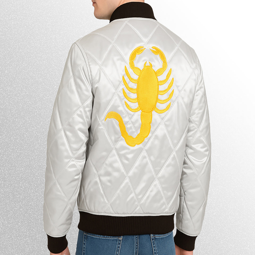 Ryan gosling white quilted bomber jacket back