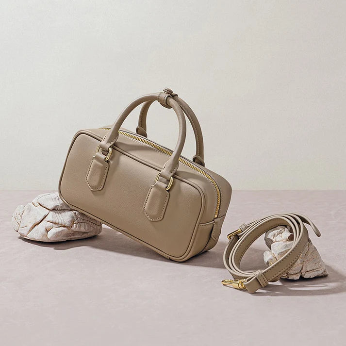 Women’s Minimalist Real Leather Zip Closure Boston Handbag
