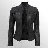 Women's black cafe racer leather jacket