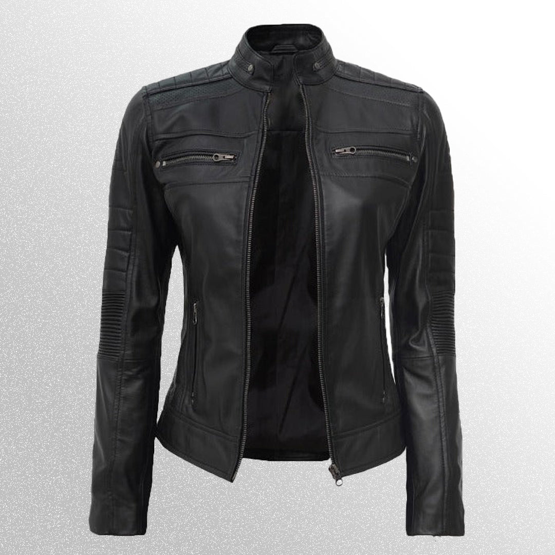 Women's black cafe racer leather jacket