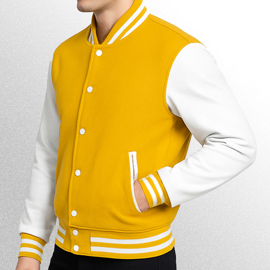 Yellow and white varsity jacket
